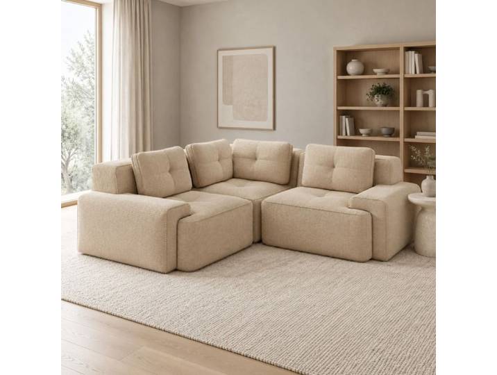 Canapé d'angle modulable 3 places 206 x 206 cm en velours côtelé beige mousse 32D
