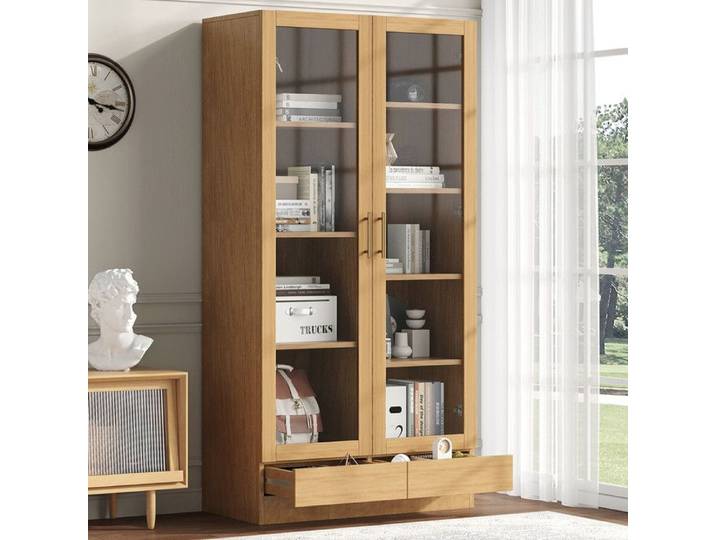 Vitrine en Verre Bibliothèque Multi-Rangements Armoire de Bureau Étagères Décalées Non Réglables 120x35x200 cm Couleur Bois