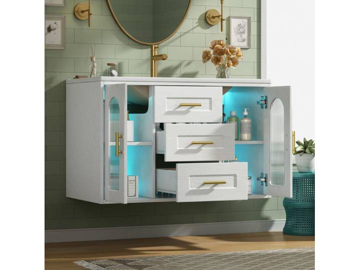 Meuble sous vasque suspendu 76 cm - Blanc effet bois - LED - Vasque céramique