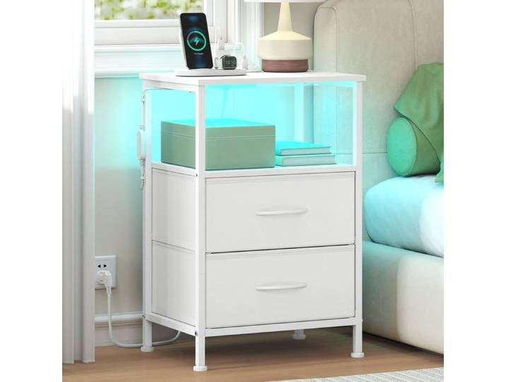 Table de Chevet avec Multiprise Éclairage LED Réglable Blanc Nuage Blanc Nuage CHEVET