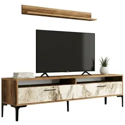 Dmora Wohnzimmermöbel Dkatseri, Modulares Wohnzimmerset, Mehrzweck-Wohnzimmermöbel, Moderner TV-Schrank, 180x35h47 cm, Nussbaum und Weißer Marmor