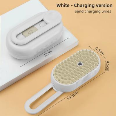 Inspired Finds 3 in 1 Pet Steam Brush With Spray Button Foldable Rotating Grooming Brush For Cats And Dogs white