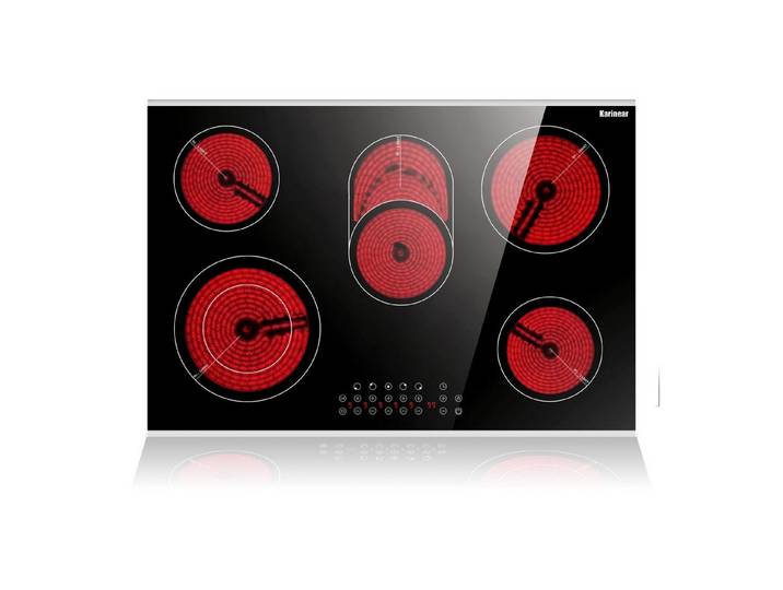 Karinear Gas-Kochfeld Glaskeramikkochfeld 5 Platten Einbau, 8400W, 77 cm, 220-240V, Keine Stecker