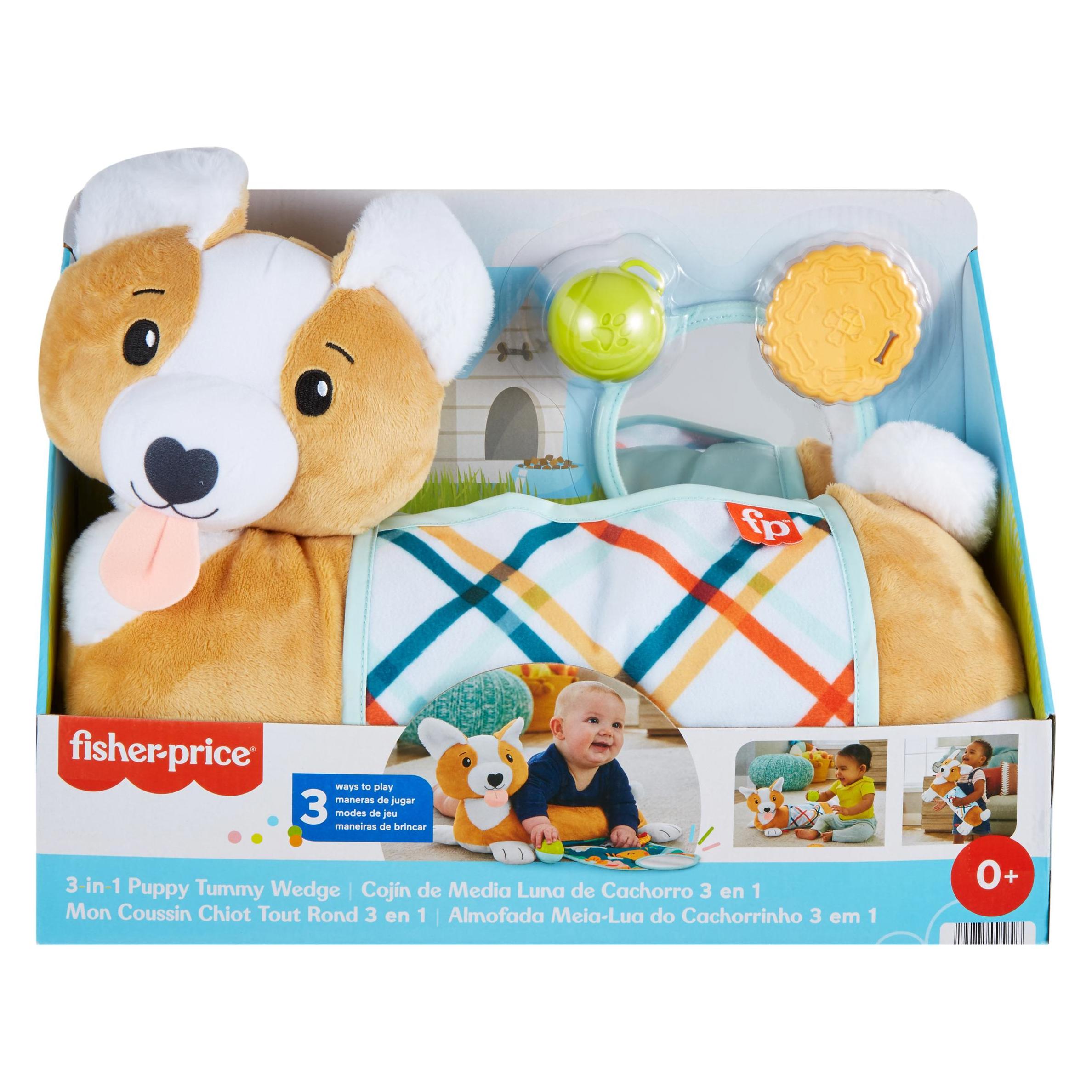 Fisher-Price 3-in-1 Hündchen Spielkissen für Bauchlage mit 3 Spielzeugen (Deutsch, Englisch, Finnisch, Französisch, Italienisch, Niederländisch, Portugiesisch, Schwedisch, Spanisch, 0 - 1.50 Jahre) (HJW10)