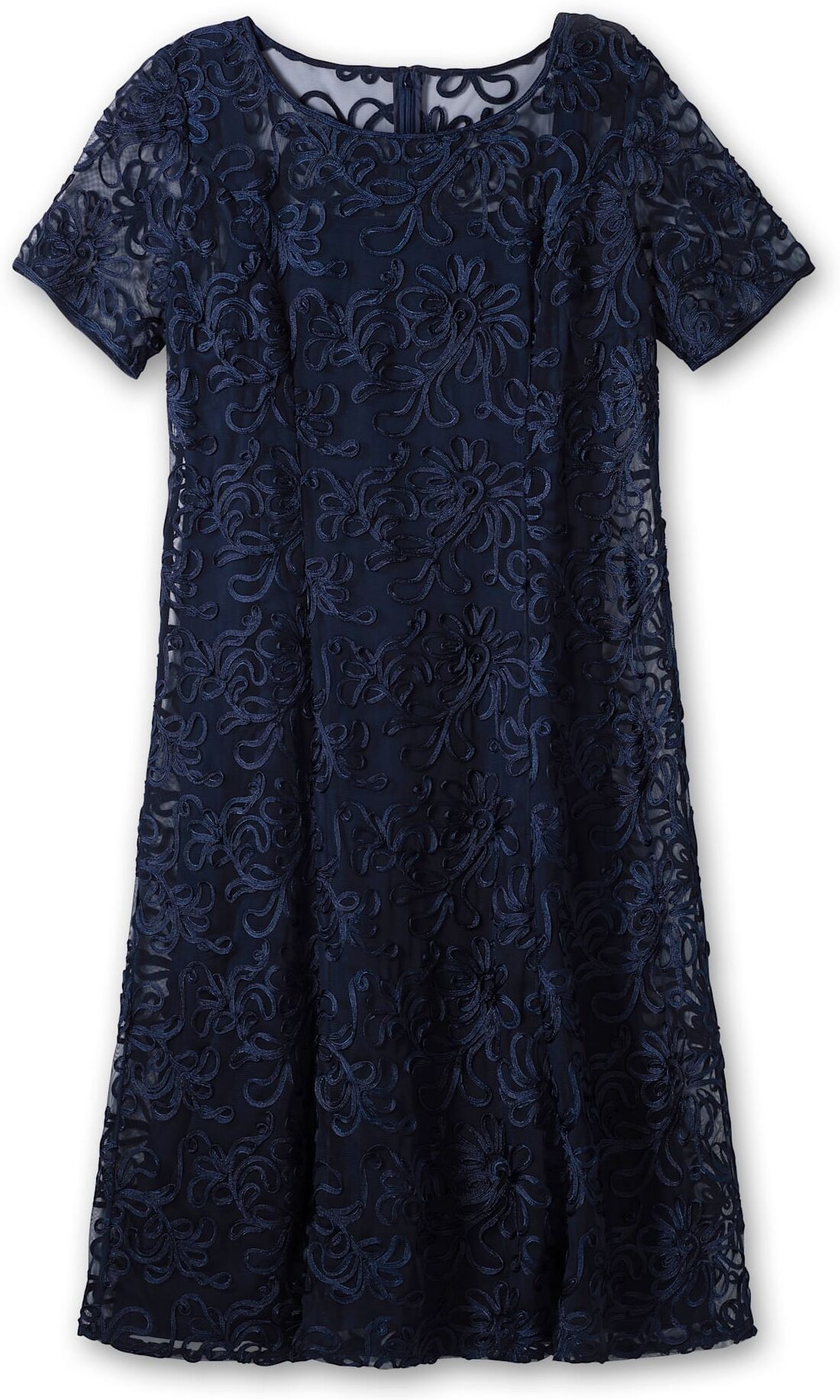 Abendkleid SHEEGO "Abendkleid", Damen, Gr. 44, Normalgrössen, Kurzarm, blau (marine), 100% Polyester, unifarben, wadenlang, Rundhals, Kleider Abendkleid marine 44, Normalgrössen, Kurzarm