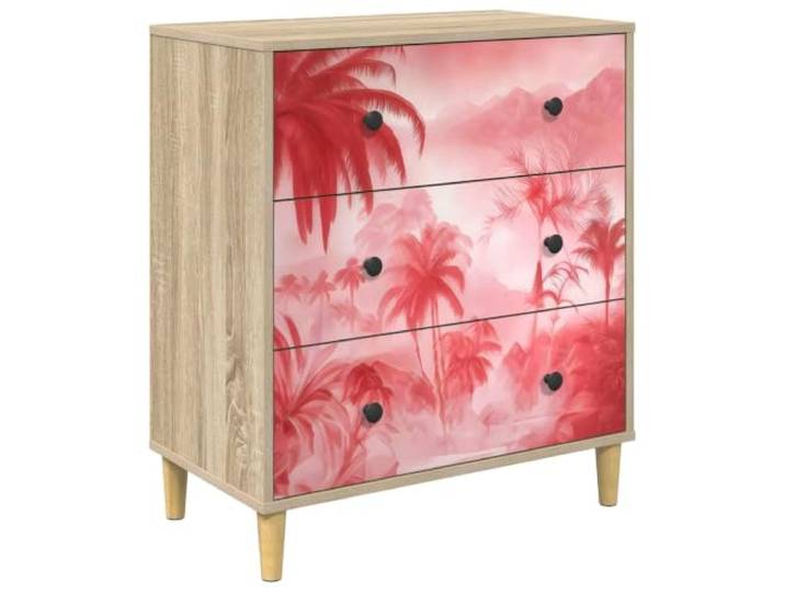 AACHEN Kommode mit rosa Palmen-Druck, technisches Holz, 66 x 36,5 cm Kommode mit 3 Schubladen, Standfüße, Sonoma-Design, Stahlgriffe, vielseitig einsetzbar im Innenbereich