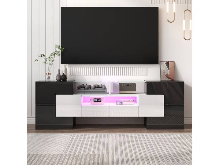 Armoire TV Elégante avec éclairage LED Meuble TV Brillant Moderne Surface en Verre Blanc et Noir 145x30x51cm