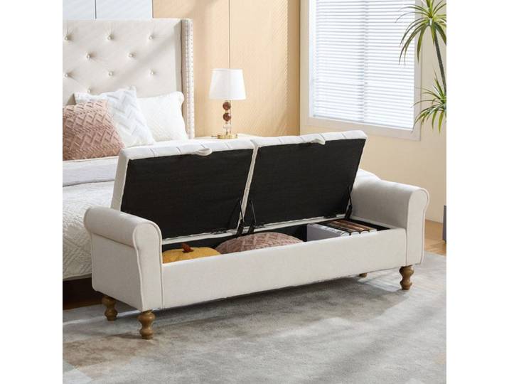 Banquette De Rangement Beige En Chenille Banquette Moderne FloraGrace Pour Salon Avec 2 Couvercles 156x46x51cm