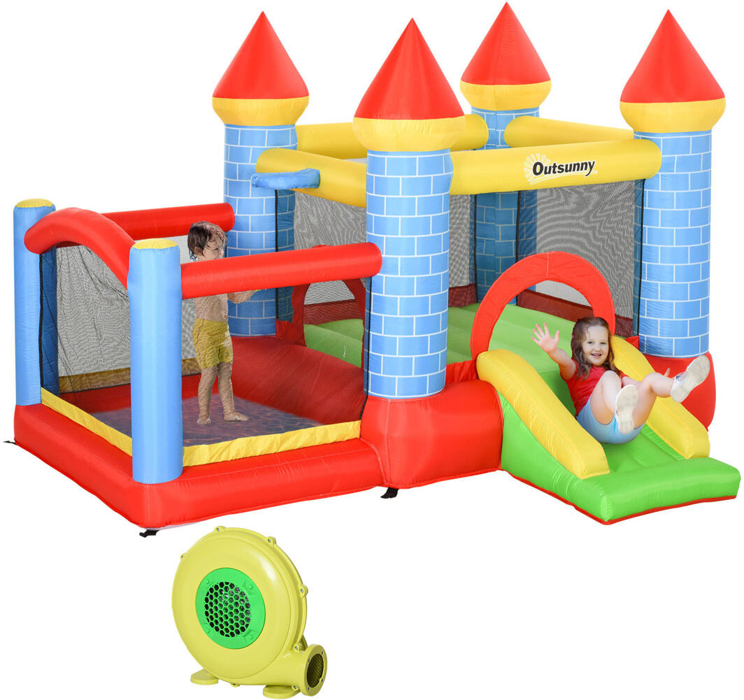 Outsunny Kids Bouncy Castle House W/ Fun Features, Blower, Multicoloured Blue;Green;Red 3