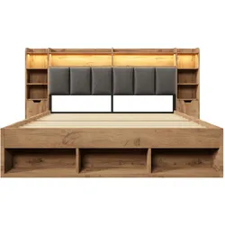 MODFU Doppelbett Holz Eichefarbe 160x200 cm mit LED-Kopfteil, Ladeanschlüssen, Stauraum, Rollschubladen und Lattenrost