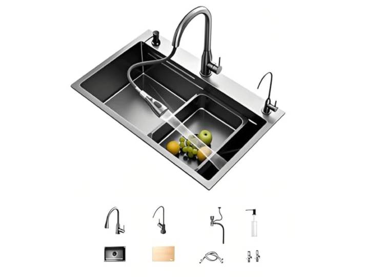 Küchenspüle, Einbecken-Spülenset aus Edelstahl Aufsatzwaschbecken, inklusive Wasserhahn; Geeignet for Wohnmobile und Küchen(90 x 50 cm(35*20in))