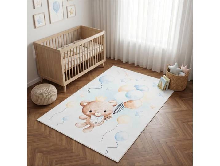 Tapis enfant TAPISO KIDS Ourson aux Ballons - Tapis chambre enfant motif étoiles bleu et beige pastel 180x250