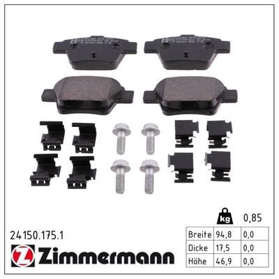 ZIMMERMANN Bremsbelagsatz, Scheibenbremse 24150.175.1 Hinterachse für Citroën/Peugeot Peugeot Citroën (DF-PSA) EMGRAND