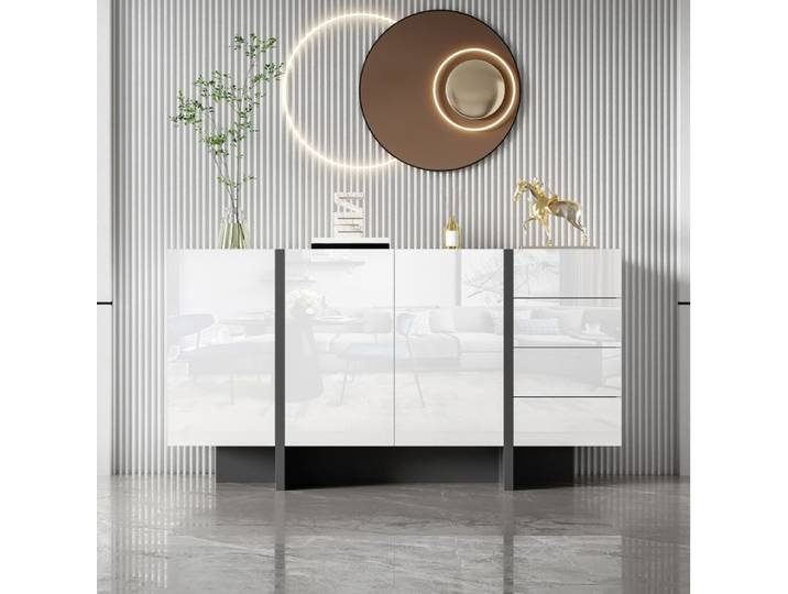 ROVRYN Buffet bas 150 cm blanc brillant et noir 2 portes 4 tiroirs