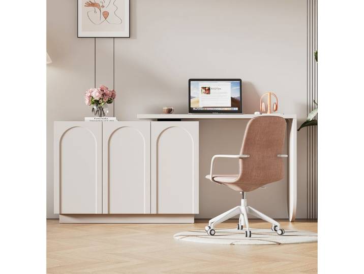 ROVRYN Bureau d'angle rotatif 360° 110 cm avec 3 placards MDF blanc