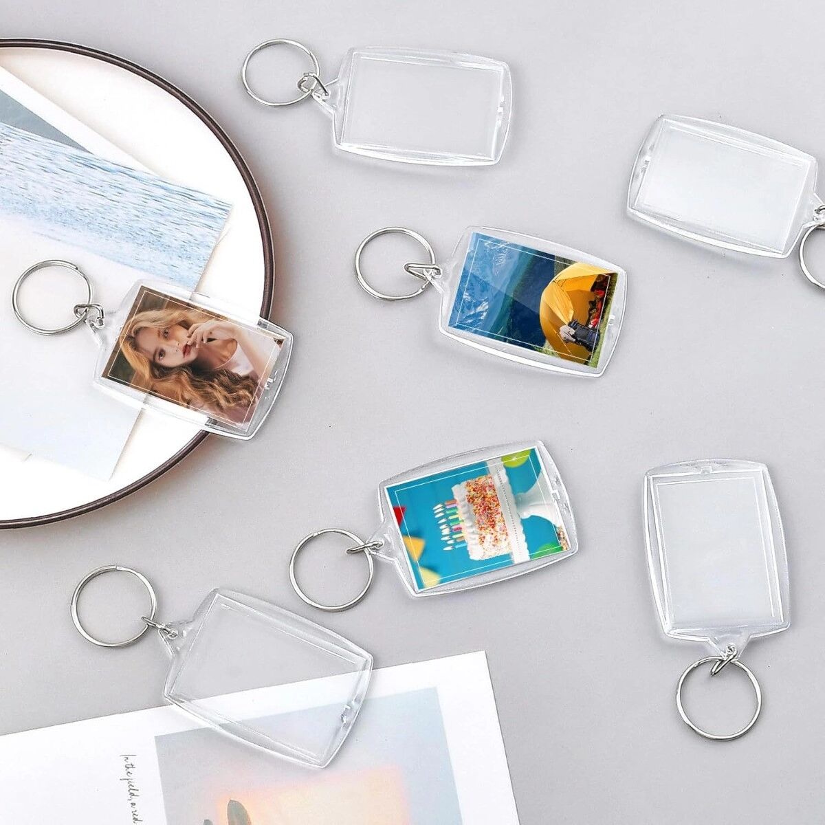 INF Porte‑clés Cadre Photo Arc vierge avec Pompon - Lot de 10, Alliage de zinc + Plastique, Transparent