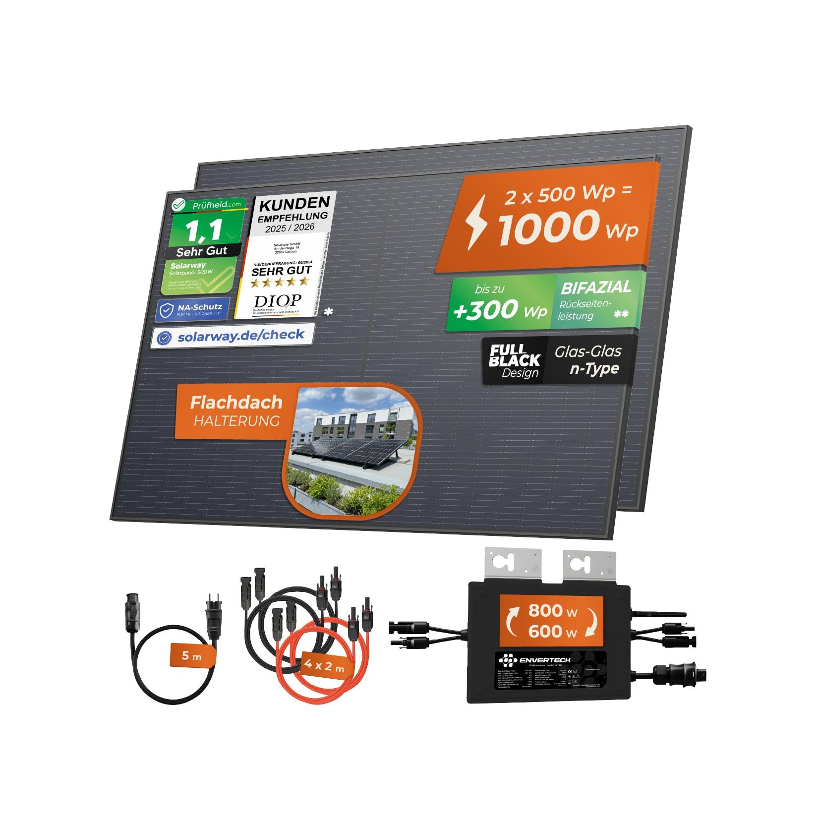 Solarway® 1000W Balkonkraftwerk 800W komplett Steckdose - neuester 800 Watt Wechselrichter - Solaranlage Komplettset - 500W bifaziale Solarmodule & Envertech & Zubehör