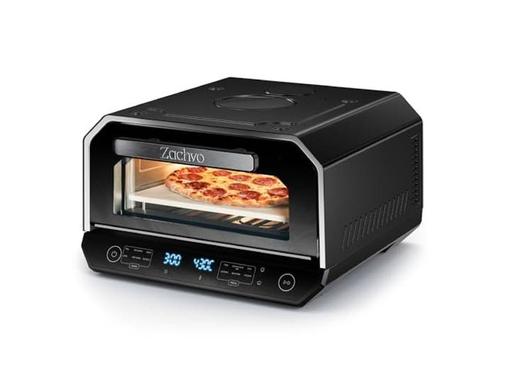 ZACHVO Pizzaofen Elektrisch 450°C – Neapolitanische Pizza in 2 Min, Sichtfenster & Innenbeleuchtung, 6 Programme & & 6 Kochmodi, Profi-Koch-Modus, Pizzaschaufel & Pizzastein & Backblech