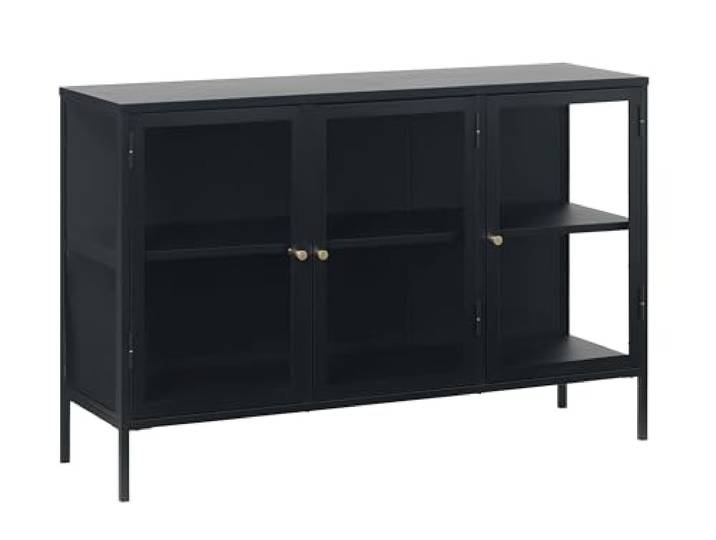 Glas Sideboard FJORDFORM, Schwarzes Metall, Goldene Griffe, DREI sektionen