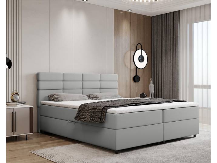 Boxspringbett 180x200, mit Bettkasten, Hellgrau, Matratze und Topper, Doppelbett, REVE, Panda Möbel