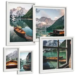 BILDER SET 5er Set - 50x50 cm & 20x30 cm & 40x60 cm Weißer Rahmen - See, Berge, Boote, Hütte, Fenster