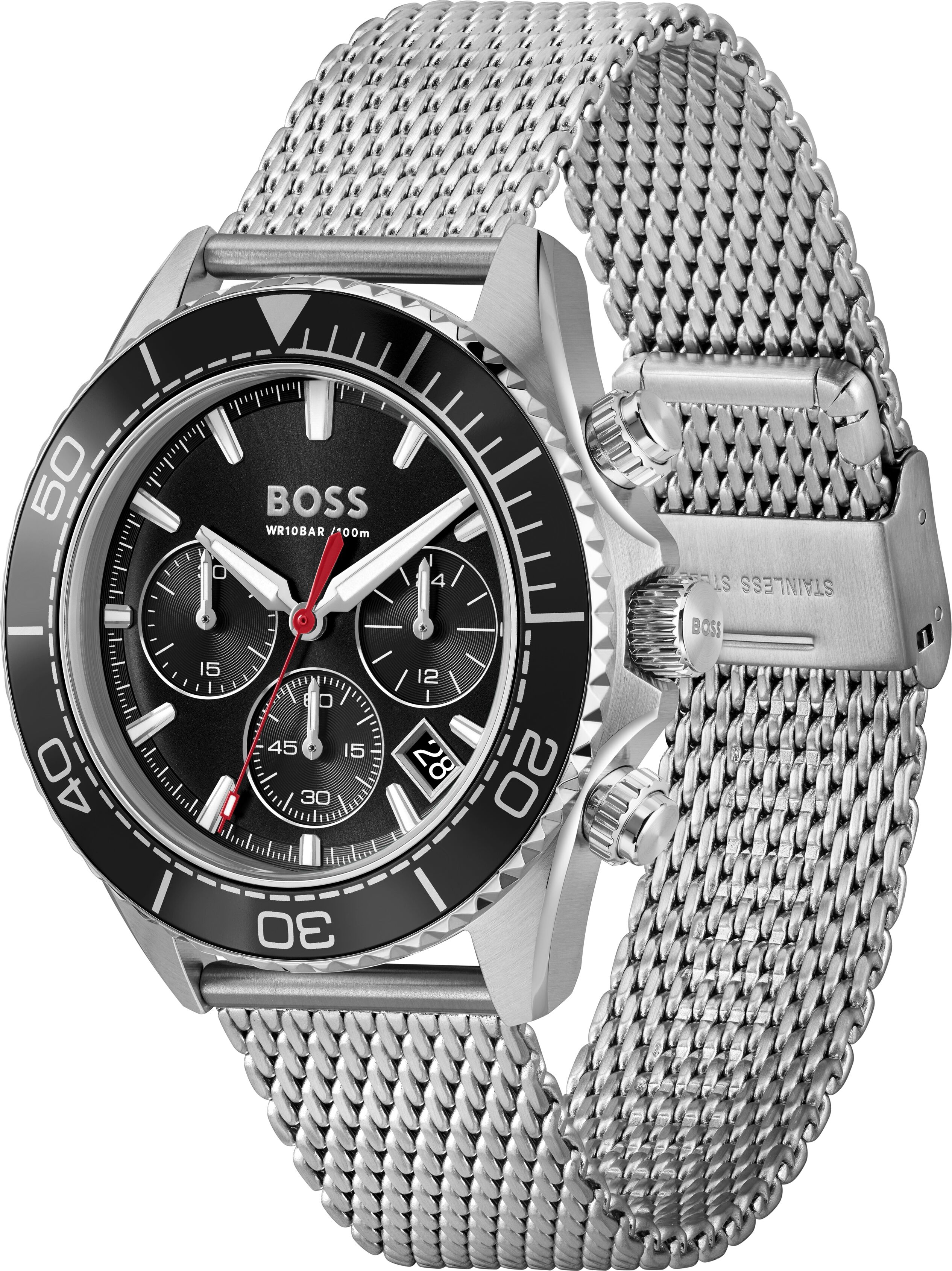 Chronograph BOSS "SEALINER", silber (silberfarben, schwarz, schwarz), Armbanduhren, Herren, silberfarben, Chronograph, Quarzuhr, Armbanduhr, Herrenuhr, Edelstahlarmband, analog, Tag