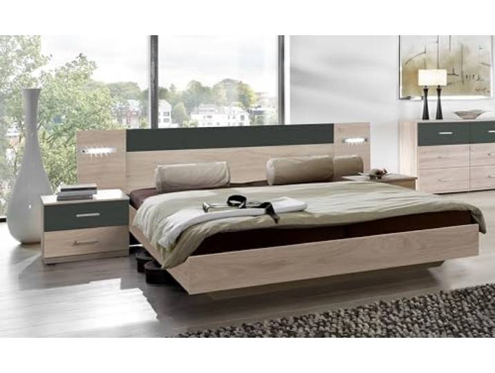 möbelando Bettanlage >Angie< in Hickory Oak + Graphit - 261x81x210cm (BxHxT)
