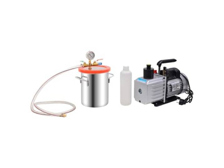 KQWQERT Vakuumkammer mit 4,5 CFM Pumpe, 5,5 L Edelstahl-Vakuumiergerät Transparenter Acryl-Deckel, ölgefülltes Manometer, Inklusive Zubehör