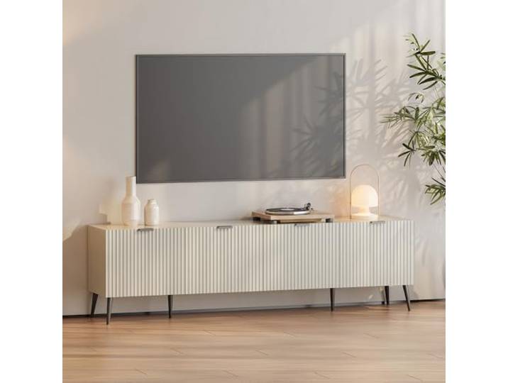 [en.casa] TV Schrank Nand Lowboard mit 4 Türen geriffelt Fernsehschrank 180 x 35 x 51 cm Sideboard Kommode Fernsehtisch Sandfarben