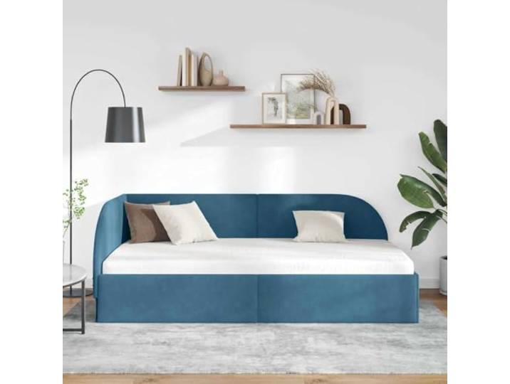 KTHLBRH Eck-Bettrahmen aus Samt, Blau, 90 x 200 cm Platzsparendes L-Design, Doppelfunktion, wendbares Kopfteil, Holzrahmen
