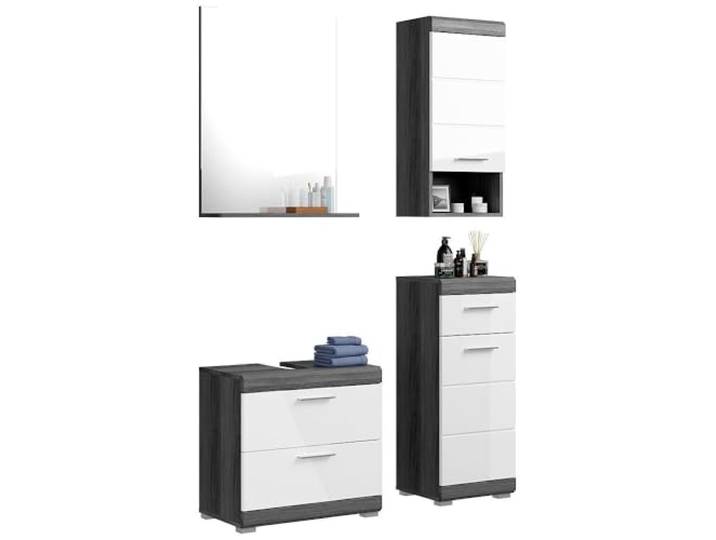 Lomadox Badezimmermöbel Set 4-teilig Badezimmerschrank Waschbeckenunterschrank Kommode Spiegel modern in Hochglanz weiß mit grau