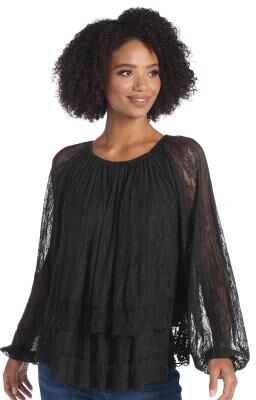 Masseys Tiered Lace Top Casual in Black, Size 1X, Polyester/Spandex