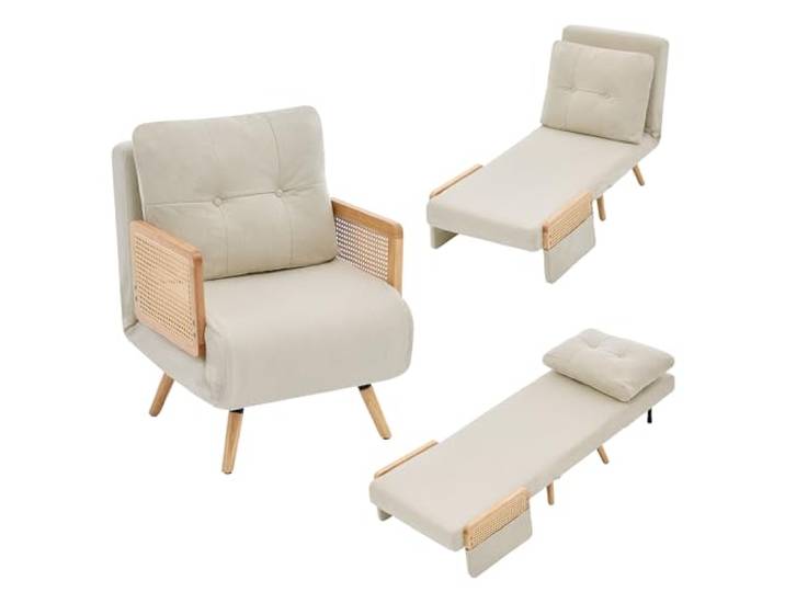 3-in-1 Schlafsessel, Gästebett, 5-fach verstellbar, Rattan, Leinen, Beige