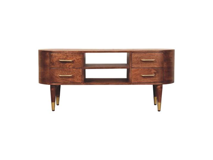 Artisan Furniture Medieneinheit mit Wine-Wood-Oak-Finish, 4 Schubladen, 2 offene Ablagen, T-Bar-Griffe, braun, Braun, Holz, Echtholz,Mangoholz, Rechteckig, rund, 110x48x35 cm, Wohnzimmer, TV Möbel, Lowboards, Lowboards stehend