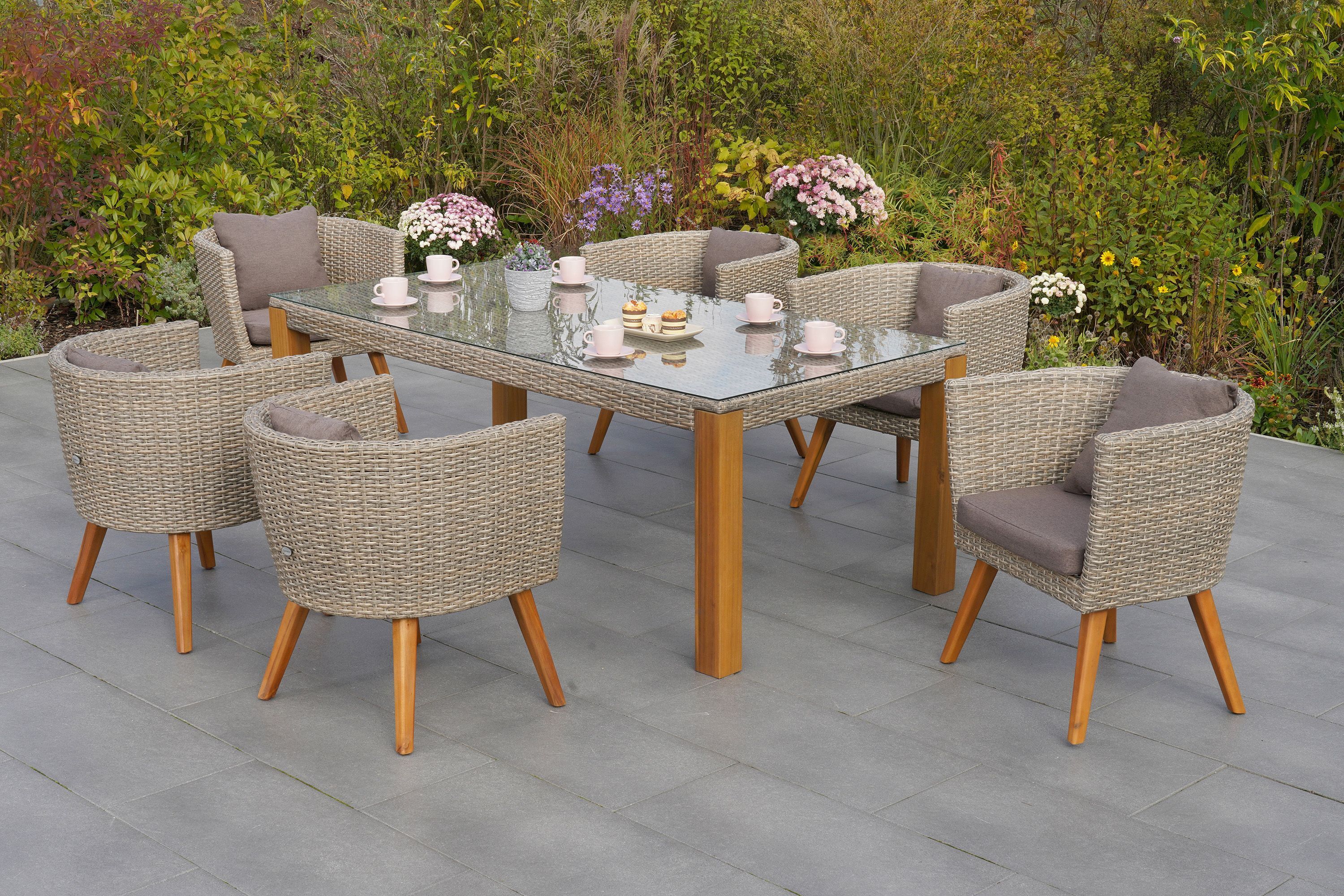 Garten-Essgruppe MERXX "Imperia", beige, Aluminium, Kunststoff, Massivholz, Sitzmöbel-Sets, Garten-Essgruppe, inkl. Auflagen