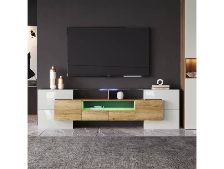 Meuble TV moderne PINGGO 200 cm, surface en verre blanc brillant, éclairage LED, meubles de salon