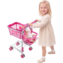 VEVOR Einkaufswagen für Kinder, Einkaufswagen Supermarkt Spielzeug mit Klappsitz für Puppen Stahlrahmen & Rollen, Faltbares Kaufladenzubehör mit Puppen-Spielzeug, Kaufmannsladen Spiele für Kinder ab 3