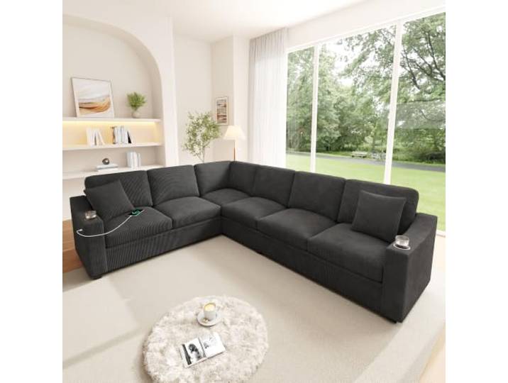 BTM Corduroy L Form Ecksofa mit Schnellladeanschluss Grau für Wohnzimmer,mit Getränkehaltern