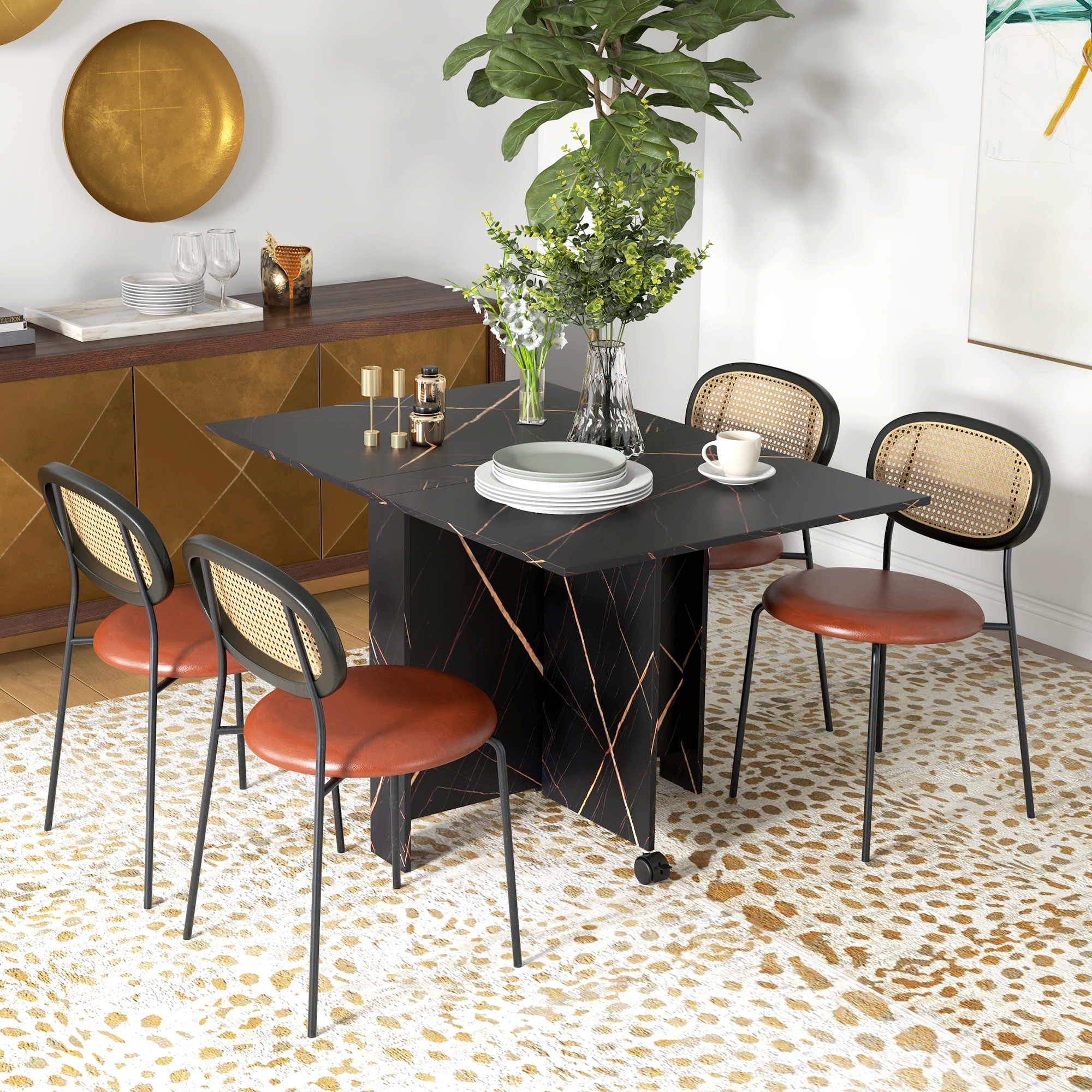 Homcom Tavolo da cucina pieghevole tavolo da pranzo pieghevole con 2 ribalte 2 ruote con freni 120 x 80 x 73 cm nero marmorizzato