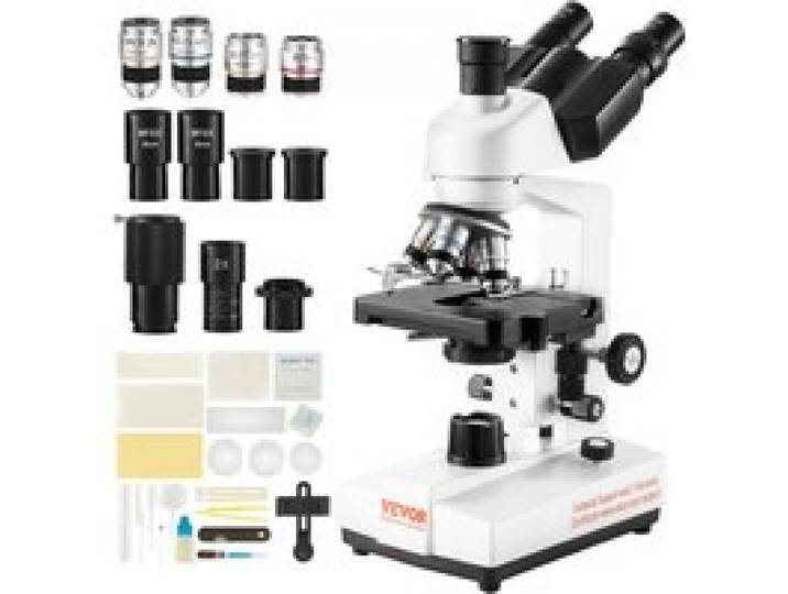 VEVOR Microscope Trinoculaire Composé 40X-5000X Microscope Biologique Mise au Point Grossière et Fine de Précision avec Platine 2 Étages Interface pour Ordinateur ou Écran Externe Éducation Recherche