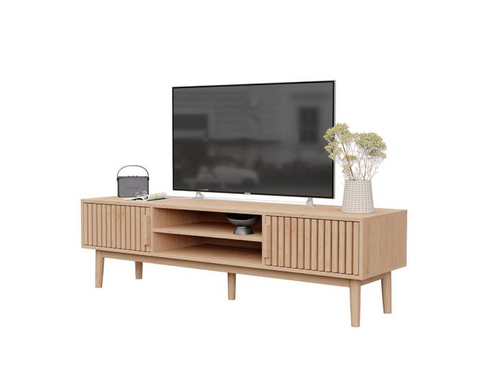 Shopentra Tv-Schrank Eichenoptik mit Lamellen-Design & Massivholzbeinen, Naturfarben, 40x48x150 cm, Wohnzimmer, TV Möbel, Lowboards, Lowboards stehend