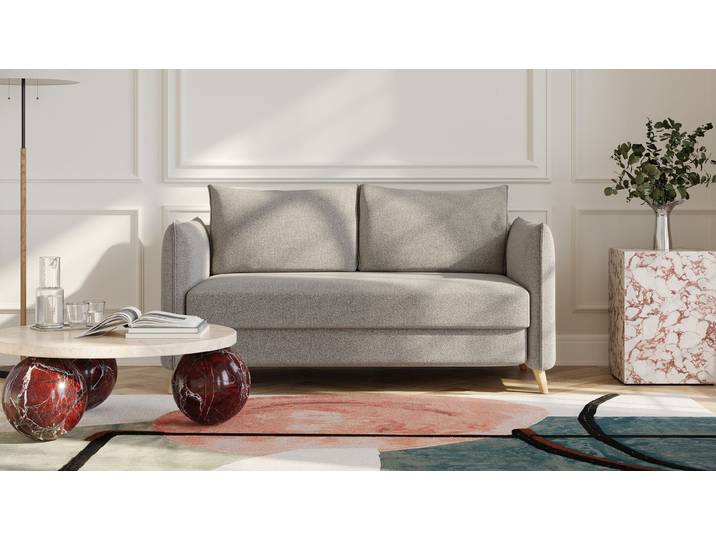 BRUNO Schlafsofa 140cm in Taupe Grau-Braun Pillow stabiles Massivholz & Boxspringkomfort