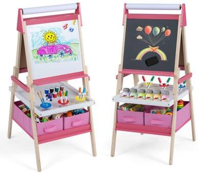 Costway 3-in-1 Art Easel for Kids with Magnetic Chalkboard and Whiteboard-Pink
