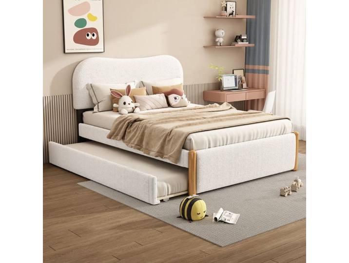 Lit simple 140x200 cm avec roulettes extensibles lit enfant et adulte lit rembourré blanc