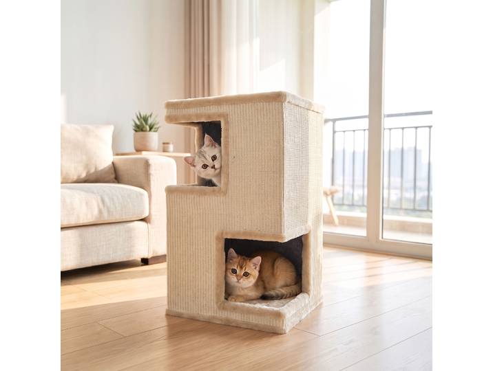 PawHut Tonneau Chat 3 Niveaux Griffoir 2 Niches Intérieur