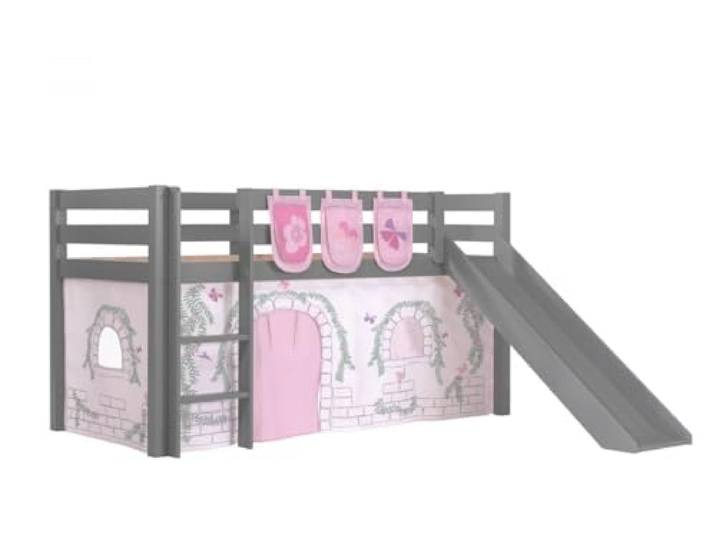 Vipack Spielbett Pino inkl. Rutsche mit Textilset Vorhang und 3 Taschen Birdy Kiefer massiv grau lackiert