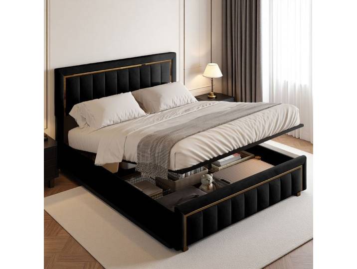 Lit coffre - SORVAGLOS - 160 x 200 cm - lit double - Velours noir - 2 places - Design contemporain