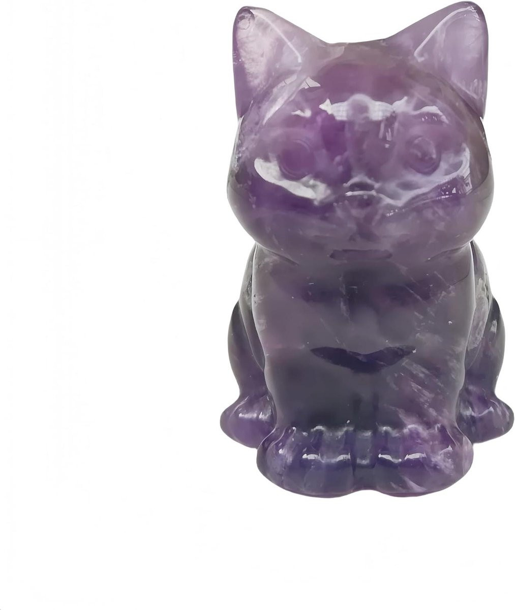 Handgesneden Amethist Kat Figuur - Paars Kristallen Edelsteen Beeldje - Hoogte: 38 mm