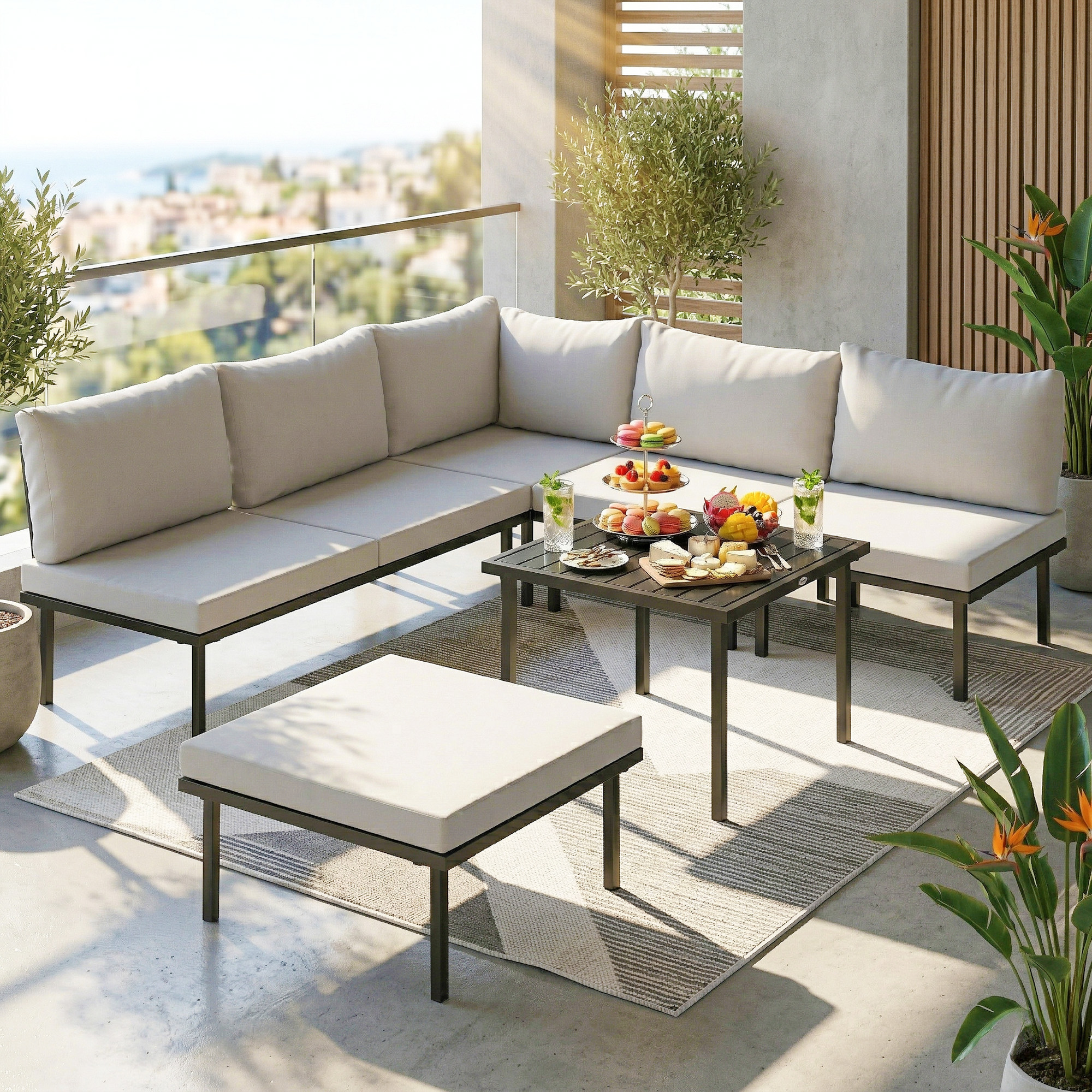 Outsunny Set Lounge da Giardino 5-6 Persone con Divano 2 Posti, 2 Sedie, Poltrona Angolare Tavolo a Listelli e Poggiapiedi   Aosom Italy