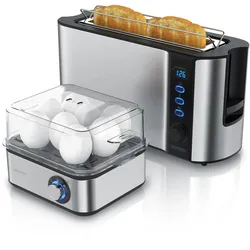 Arendo Frühstücks Set, 2-Scheiben Langschlitz Toaster mit Brötchenaufsatz & Eierkocher für 8 Eier, Silber, Toaster, Silber